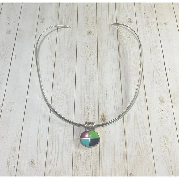 Vintage 925 Choker Necklace Multi Gemstone Pendant Modernist 15 inches - Picture 2 of 7